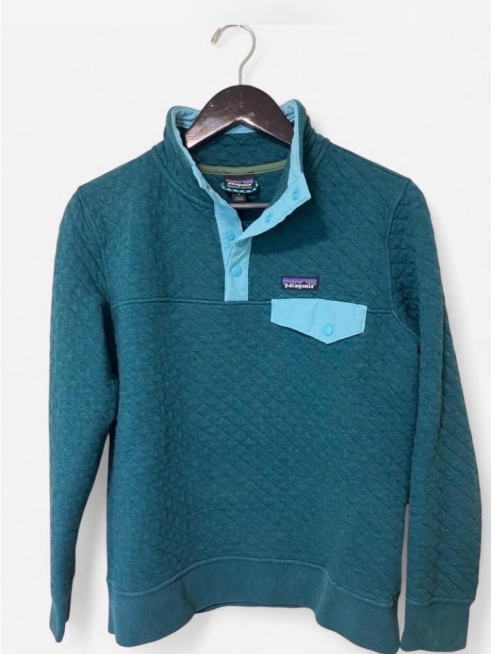 Patagonia Teal Blue Quilted Snap Pullover Organic Cotton Women’s Size Small - Picture 1 of 5